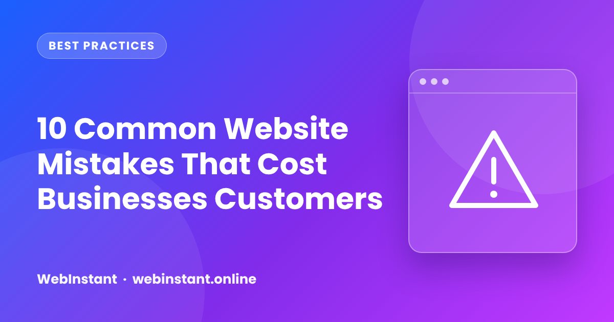 Website window with warning marks highlighting common mistakes like slow loading, broken links and weak call to action